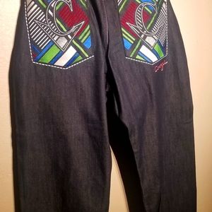 COOGI Jeans Men 44 Baggy Straight Embroidered Scroll Script Colorful Denim 44x35